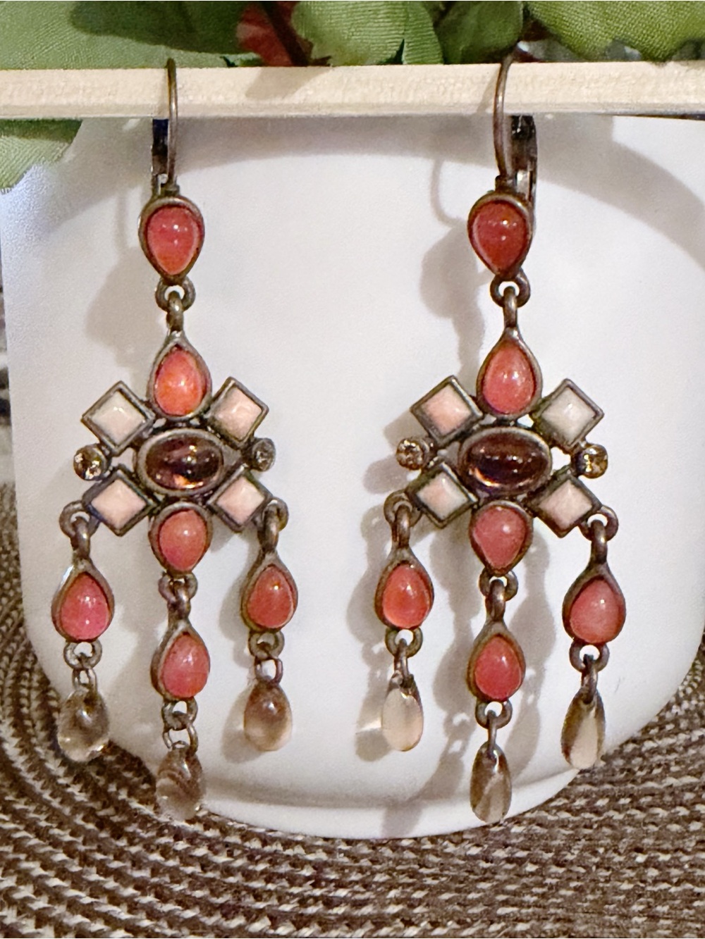 Vintage Inspired Pink & Mauve Chandelier Drop Earrings | Bohemian Antiqued Brass